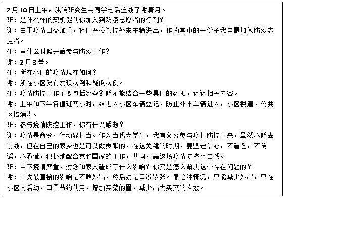 文本框: 2月10日上午,麻豆视频
研究生会同学电话连线了谢清月。研:是什么样的契机促使你加入到防疫志愿者的行列?谢:由于疫情日益加重,社区严格管控外来车辆进出,作为其中的一份子我自愿加入防疫志愿者。研:从什么时候开始参与防疫工作?谢:2月3号。研:所在小区的疫情现在如何?谢:所在小区没有发现病例和疑似病例。研:疫情防控工作主要包括哪些?能不能结合一些具体的数据,谈谈相关内容。谢:上午和下午各值班两小时,给进入小区车辆登记,防止外来车辆进入,小区楼道、公共区域消毒。研:参与疫情防控工作,你有什么感想?谢:疫情是命令,行动显担当。作为当代大学生,我有义务参与疫情防控中来,虽然不能去前线,但在自己的家乡也是可以做贡献的,在这关键的时期,要坚定信心,不造谣,不传谣,不恐慌,积极地配合党和国家的工作,共同打赢这场疫情防控阻击战。研:当下疫情严重,对您和家人造成了什么影响?你又是怎么解决这个存在问题的?谢:首先最直接的影响是不敢外出,然后就是口罩紧张。像这种情况,只能减少外出,只在小区内活动,口罩节约使用,增加买菜的量,减少出去买菜的次数。